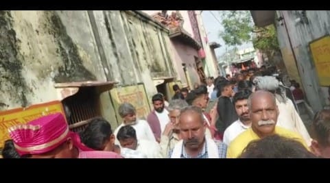 People involved in the Shobha Yatra being taken out in Dhaulana
